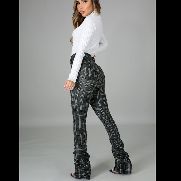 Plaid Stacked Pants - Olive - Picture 4 of 7
